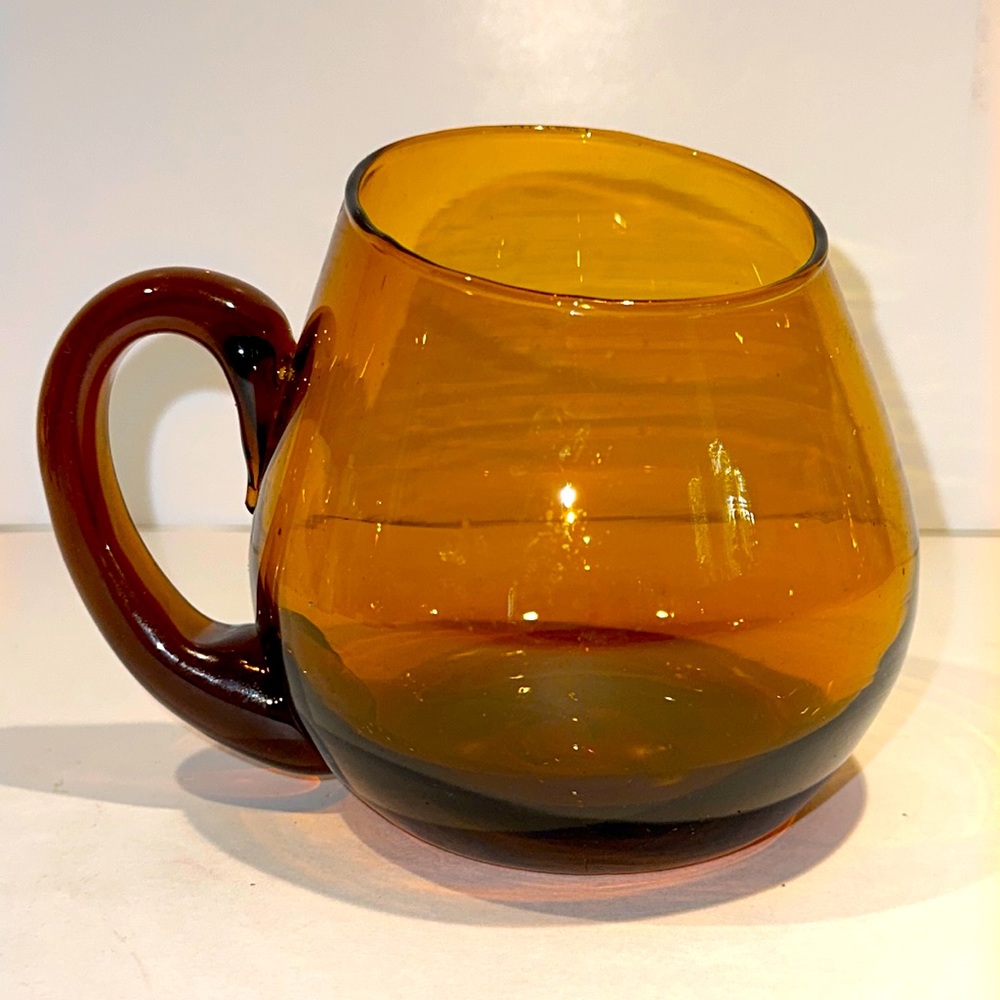 (1) Vintage Handblown Amber Glass Cup Mug Angled Slant Asymmetrical MCM